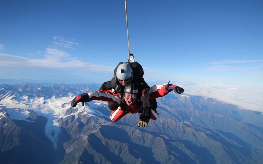 A tandem skydive above the Southern Alps and the West Coast
